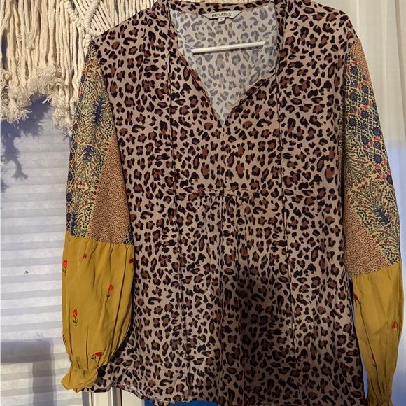 Benares Leopard Print Women's Top with Yellow Sleeves nwot sz L - Picture 2 of 7
